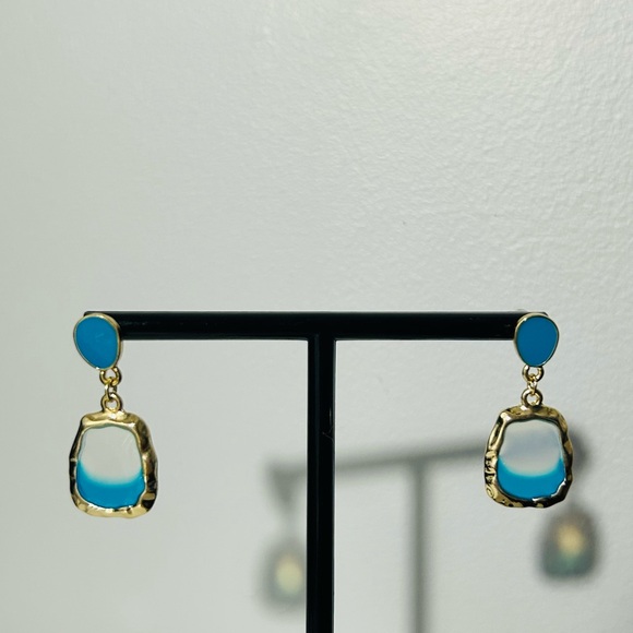 18k Gold Plated Stainless Steel Blue Dangle Earrings - Picture 2 of 3